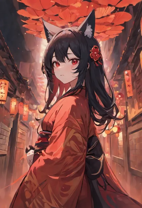 Kitsune with long black hair wearing a black and red kimono and a white and red mask