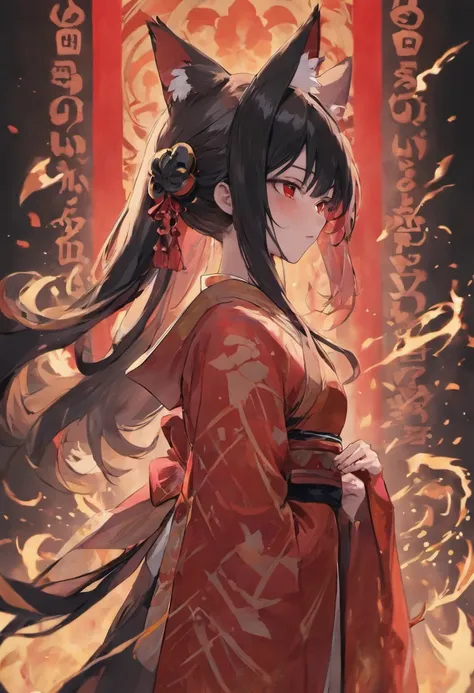 Kitsune with long black hair wearing a black and red kimono and a white and red mask