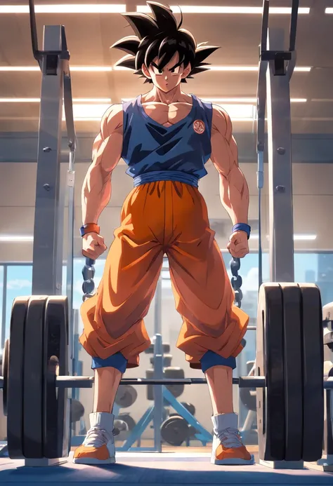 Goku is building his muscles at the gym to get stronger and now his doing pull ups to get more cool