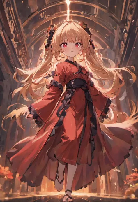 The two-dimensional style loli body type wears a stately garment similar to a robe with black long  hair, red - eyed, The main colors of the garment are crimson and black, Weak breath, cat ear, Religious style, ccurate