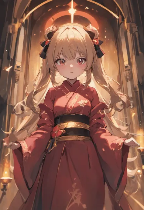 The two-dimensional style loli body type wears a stately garment similar to a robe with black long  hair, red - eyed, The main colors of the garment are crimson and black, Weak breath, cat ear, Religious style, ccurate