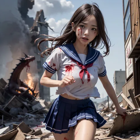 (in 8K、RAW Photos、top-quality、​masterpiece:1.2)、(realisitic、Photorealsitic:1.37)、ultra-detailliert、超A high resolution、(Giant Dragon:1.2)、Beautiful 15-year-old high school girl in Japan attacked by a giant dragon in devastated Tokyo、terrified expression、Sch...