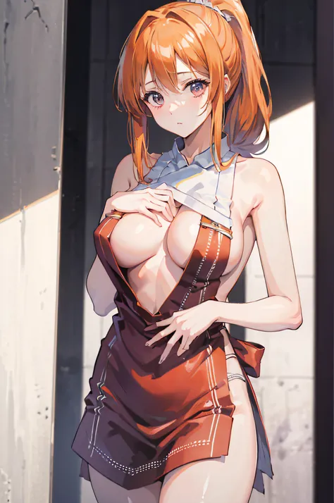 (masterpiece, best quality:1.2), cowboy shot, solo, 1girl, orihime inoue, naked apron, lewd, NSFW, nip slip, revealing outfit, big breasts, sexy back, sleeveless, minimal clothing, ponytail, beautiful, wardrobe malfunction, looking at viewer, absurdres, hi...