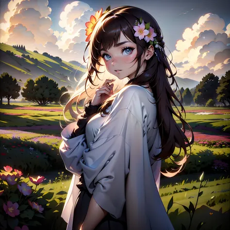 (​masterpiece:1.2、top-quality)、Anime style、intricate detailes、1girl in、Light brown eyes:1.5、beautiful brown long-haired、Silky straight hair、Twilight Look、Long Grey Poncho、(((plein air、flower  field、colorful flower々)))、Natural light、blue open sky:1.5、cumulo...