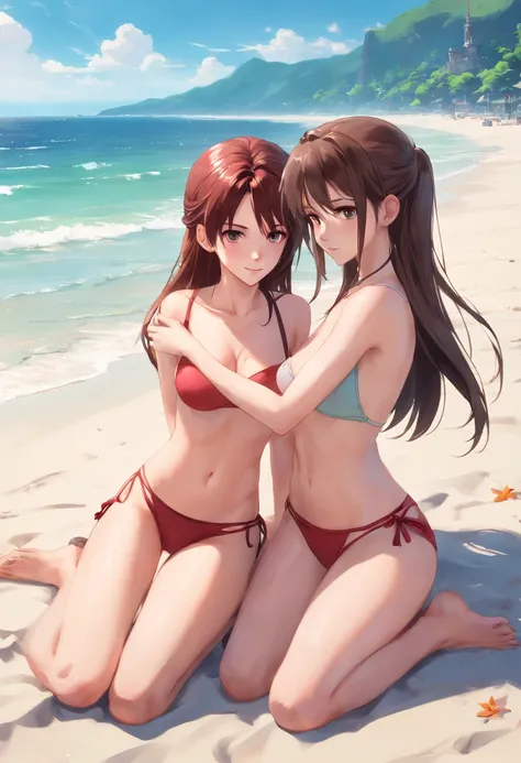 Tifa Lockheart and Aerith On The Beach Completely Naked, UHD, masterpiece, ccurate, anatomically correct, high quality, high details, super detail, textured skin, best quality, highres, 16k