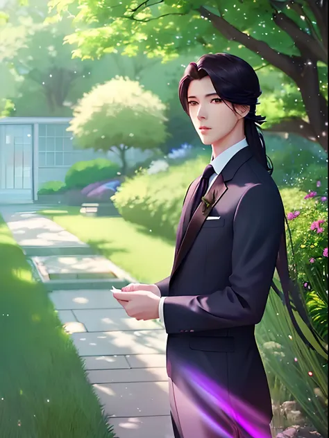 there is a man with a suit and tie standing in front of a bush, inspired by Yanjun Cheng, artwork in the style of guweiz, delicate androgynous prince, handsome guy in demon slayer art, beautiful androgynous prince, anime handsome man, anime portrait of a h...