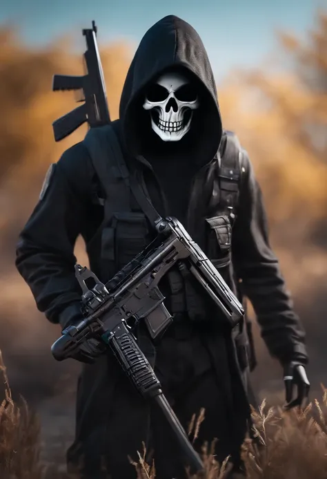 grim reaper as pubg character littile bit look of skeleton face wearing black hood holding gun hand gaming logo