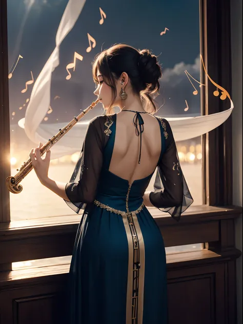 A beautiful woman playing a flute wearing thick long dress, music notes all around her, (flying music notes:1.4), (from behind:1.3), looking at the camera