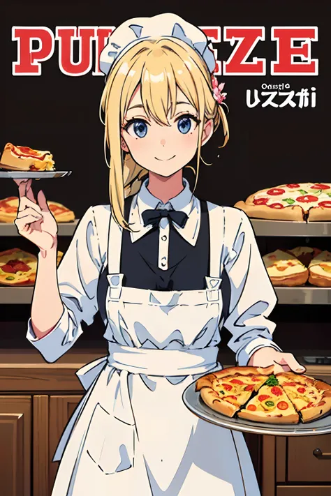 (masuter piece,Best Quality,Ultra-detailed), (A detailed face),Cover of a cooking magazine,1girl in,a blond,Aimei,age19,cute little,Warm smile,Pizza chef,Floral apron,foods,Texto,advertisement,magazine title