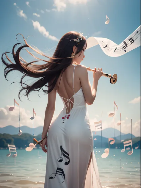 A beautiful woman playing a flute wearing thick long dress, music notes all around her, (floating music notes:1.4), (from behind:1.3), looking at the camera