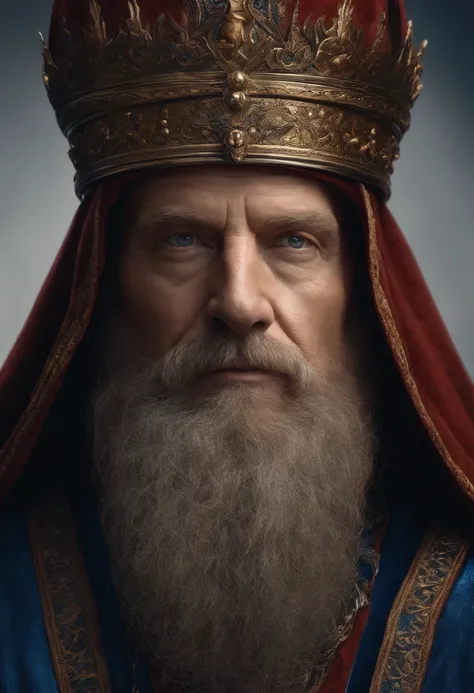 Arafed man with a blue crown and robe, red-haired and graying medieval king, red-haired beard, thinning beard, age 50 years, short hair, portrait of emperor of humanity, highly detailed character, painted in high resolution.