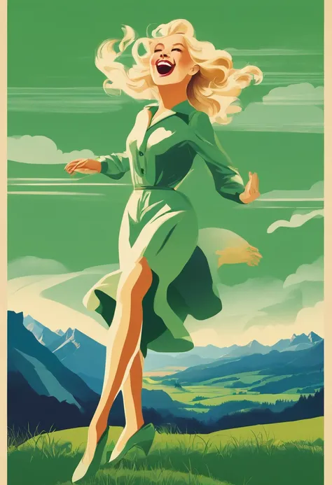 On a green hill overlooking the Alps, a short blonde woman sings cheerfully. She is twirling and dancing. Long dark blue long-sleeved dress and whitish pale blue apron.