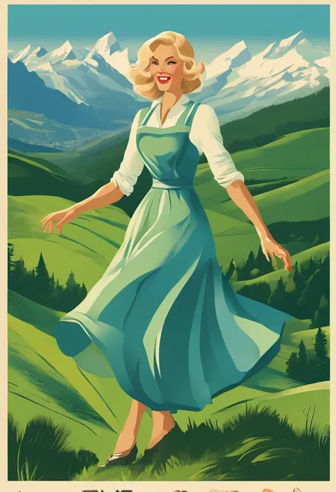 On a green hill overlooking the Alps, a short blonde woman sings cheerfully. She is twirling and dancing. Long dark blue long-sleeved dress and whitish pale blue apron.