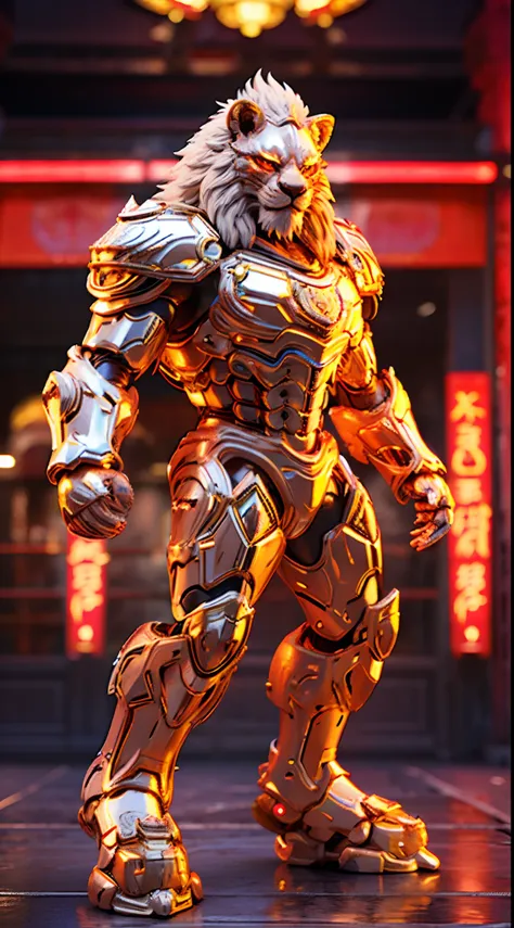 chinese lion, lion head, heavy crystal armor, transparant, muscle body.