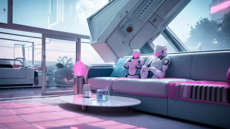 old photography filter, old photo, old camera. view from a balcony, 80s, Old 90s, 80s, futuristic 80s, White and Pink . a small empty room, with a male robot sitting on the sofa, white and blue. Technological details, futuristic. Music. Speakers. . a muscl...