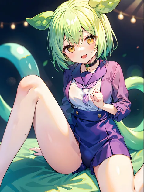 a beauty girl，Yellow-green hair，bobhair、short-hair、Gentle drooping eyes，large full breasts、校服，Manga style，fulcolor，hi-school girl，Calm and gentle face，Big smile、innocent smiles, School swim wear