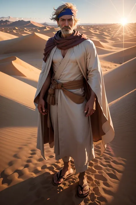 closeup portrait of a man in robes standing on a desert dune, lens flare, sandals, bandana