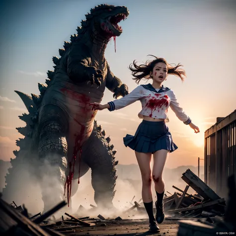 (in 8K、RAW Photos、top-quality、​masterpiece:1.2)、(realisitic、Photorealsitic:1.37)、ultra-detailliert、超A high resolution、(Godzilla:1.2)、Beautiful 15-year-old high school girl in Japan attacked by Godzilla in devastated Tokyo、terrified expression、School Unifor...