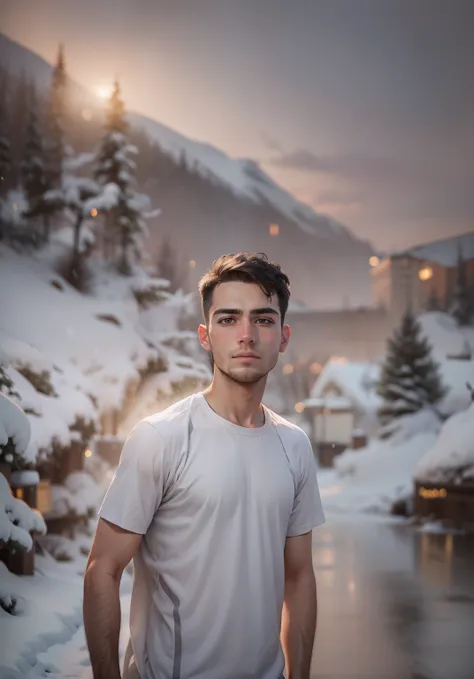 A 23 year old boy having a bit of a stubble, standing proudly in a snowy background, emotive eyes, expressive gestures, facing the camera, uplight, hyperrealistic, v5.2