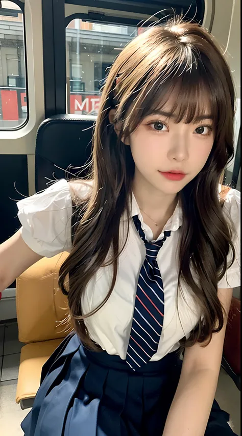 (masterpiece, bestquality:1.2), 10, 15 me, 85 mm., official art, RAW photo, Absurd, white blouse, pretty face, Up Close, Upper body, Violaceaess, Gardenia, beautiful girl, School uniform, (Navy pleated skirt:1.1), Curly waist, thights, short sleeves, In th...