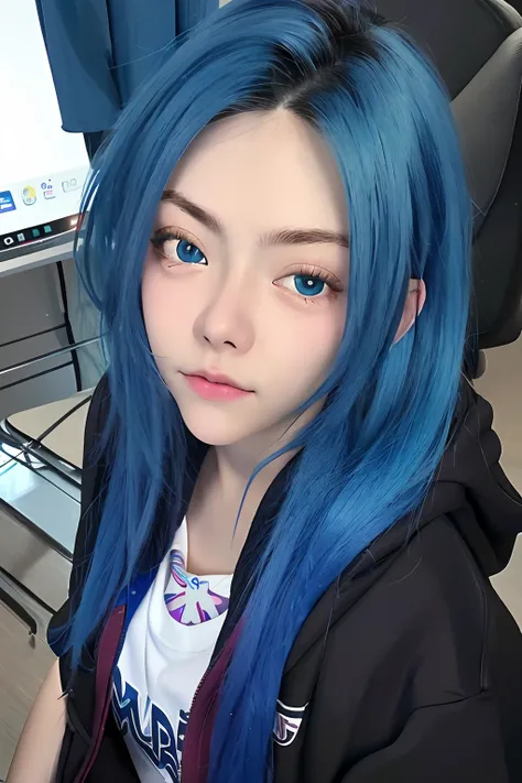 a close up of a person with blue hair and a hoodie, girl with blue hair, beautiful blue haired girl, blue eyes, blue hair, black jacket, white skin, t-shirt, realistic, masterpiece, ultra detail, ultra realistic, best image quality, photograpy, 8k, very de...