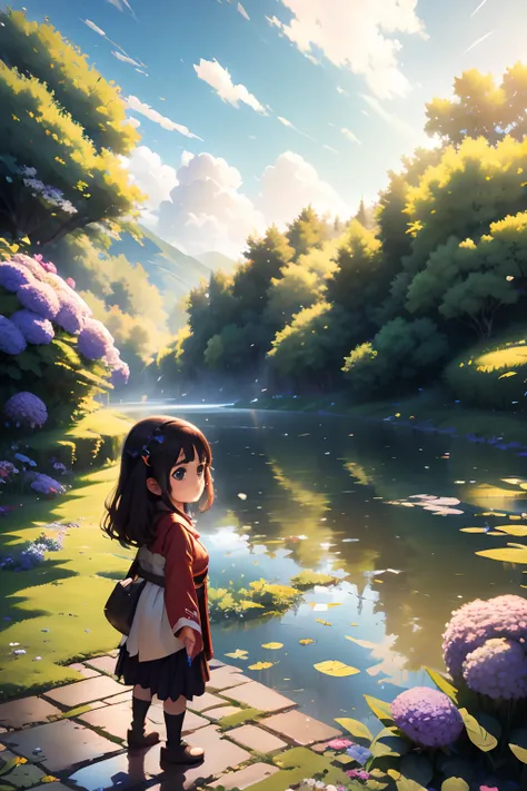 hydrangeas, Hanfu，for 6 years old，girl，park, Lake, Small hills, Pebble path,anime big breast, Masterpiece, Best quality, Anatomically correct, High details, 8K, the wallpaper