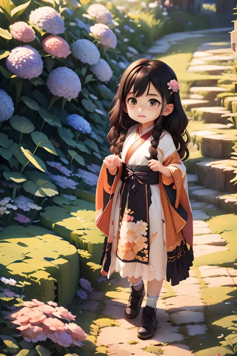 hydrangeas, hanfu，for 6 years old，girl，park, lake, small hills, pebble path,anime big breast, masterpiece, best quality, anatomi...