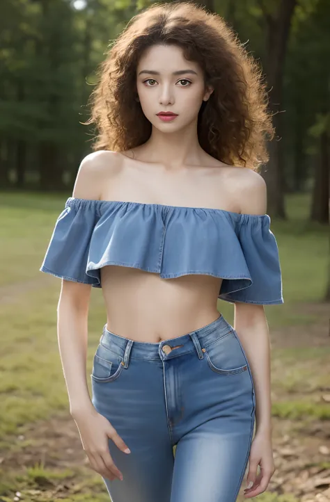 top-quality、​masterpiece、超A high resolution、(Photorealsitic:1.4)、Raw photo、1girl in、Light brown hair、Curly hair、thin makeup、Look at viewers、(off shoulders)、Naked Midriff、blue jeans、Slimed、A slender、Model body type、small tits、very small breasts