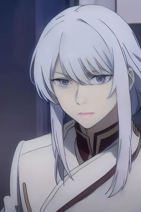 Acely, Valvrave, brave face,  anime, valvrave face, Young man , lilac-gray hair, The left eye is hidden by his hair bangs, The hair on the other side is braided from a bob. , Purple eyes, White military uniform,