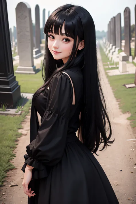 black color dress，Abandoned cemetery，Long black hair with bangs，Eeri smile