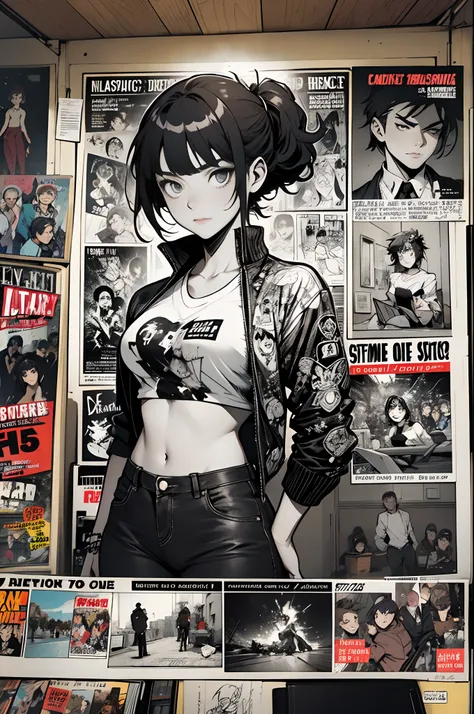 black and white old photo, anime girl is posing for a photo of old magazine, in the style of punk-inspired art, comic art --auto --s2