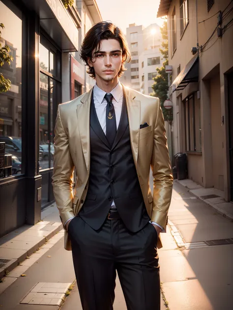 Tall young man with stylish outfit in outdoor photoshoot in semi urban area during golden hour. Good length dark hair. Simple cute clean shaven face.