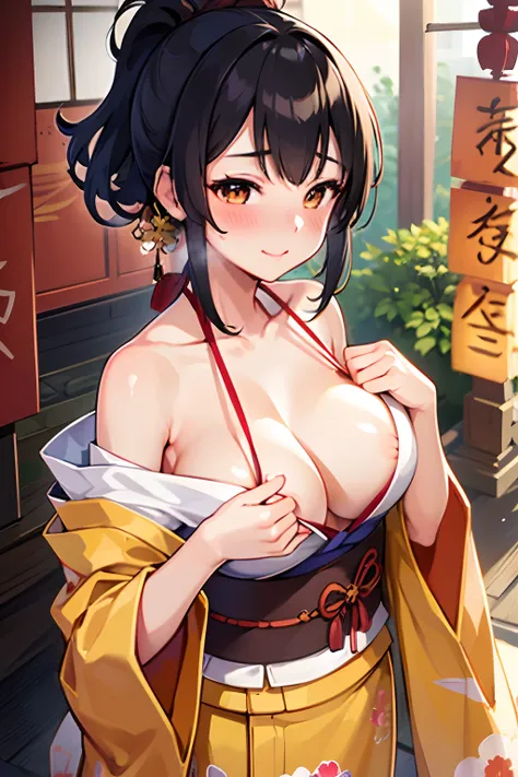 kimono, girl, with, shrines , Worship, autumnal, sweaty, tan, big boobs, tan skin, flustered, blush, wearing kimono, summer festival, wearing kimono, black hair, ponytail, sfw, safe for work, cute, kawaii, long kimono, beutiful kimono, slight smile,