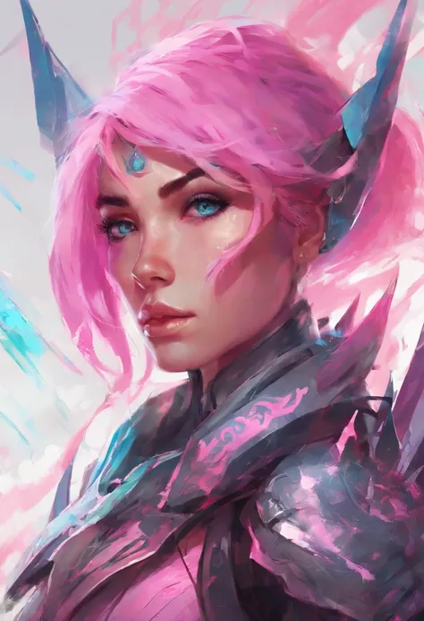 Girl with pink medium hair, blue shiny eyes,in warrior clothes