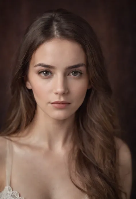 Create a portrait of a 27 year old woman who is half naked with long hair but her right eye is hidden by half of her hair. The photo must be very realistic