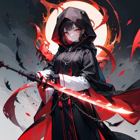 brunette color hair，Black hooded cloak，red pupils，Delicate facial features，Red religious motif decoration，Holding a long red sword，There are eyeballs at the hilt，Dark wind，Cthulhu，tmasterpiece