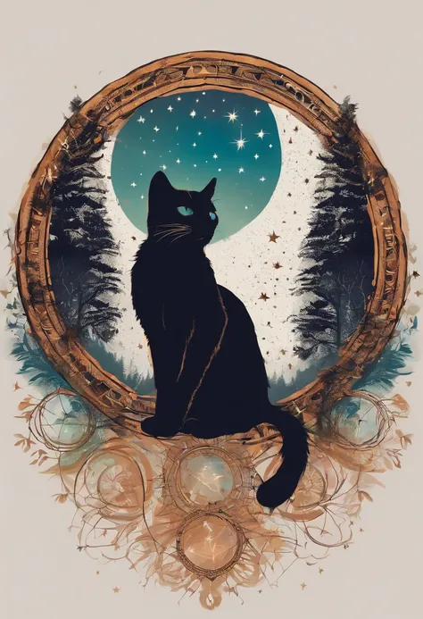 In the circle of dream catchers"T-shirt design with cat silhouette in a circle, Crescent, and Stars