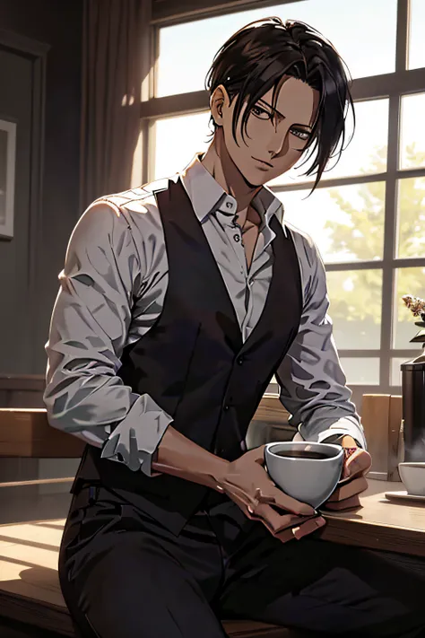 Levi ackerman from Attack on titan, 1man, indoors, sitting drinking coffee, wearing black suit on top of white shirt, unbuttoned, in full sleeved pants, sideyeing viewer, holding coffee cup, full body shot, short hair, brown hair, handsome, CGI art style, ...