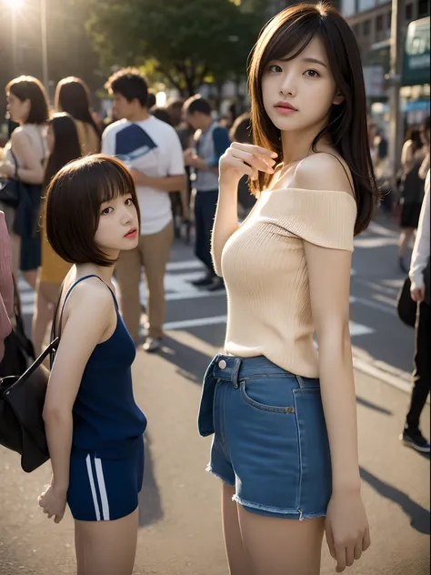 ​masterpiece, excellent, 真实感, Japan woman in sports sweater, shortpants, open waist, bare shoulders​, Small cleavage, Layered, long legged, Crowded street in front of the station, hard disk, photo lighting, 16 K