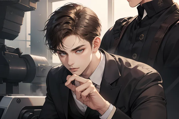 masterpiece, best quality, realistic, 1man, mature male, quiet and charming young man, 25 years old, close his eyes, serious, closed mouth, extremely detailed face, cold, ((dark grey eyes)), ((short-right-swept dark brown hair)), [thick eyebrows], mafia, (...