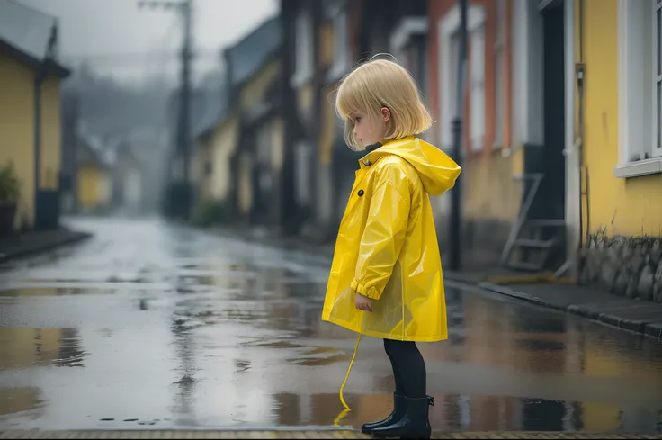 Little Girl with a yelow Raincoat playing in the puddles, Street with Telephone Poles, Cables, Old European Town, Mist, blonde hair, bob cut, messy hair, atmospheric perspective, vanishing point, negative space, from side, depth of field, cinematic lightin...