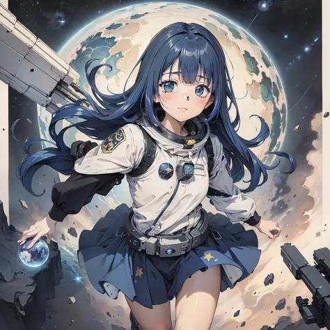 Best quality, Detailed, 4K, RAW photo, Masterpiece, Detailed face,, stars, planetes, milky ways, space,, Photo of Ansima flying in space, Blue hair, bangs, Long hair, view the viewer,