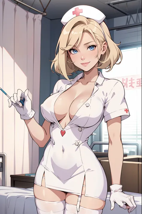 1womanl, nurse, nurse cap, whiteware, ((white legwear, zettai ryouiki)), white gloves, blonde hair, blue eyes, pink lipsticks, s...