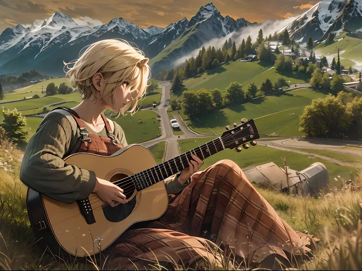 On a green hill overlooking the Alps, a woman playing acoustic guitar. short blonde hair, Children feel at home listening to her performance. White long-sleeved in-brown flannel fabric overalls long skirt, hi resolution, (Best Quality:1.2), Realistic, The ...