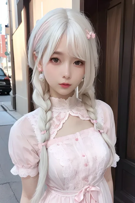 1girll, white hair, long hair,  best qualtiy, the upper part of the body, realism, detailed eyes, 26 year old girl, on the stree...