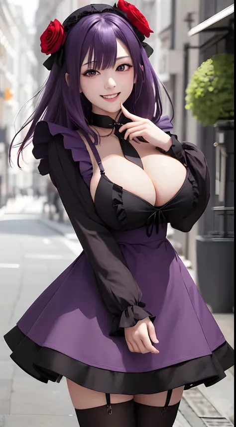 masterpiece, best quality, highres, kitagawa marin, 1girl, purple hair, medium hair, purple eyes, bonnet, red rose, collar, gothic, frills, black dress, black necktie, cleavage, long sleeves, white apron, thighhighs, grin, street, cowboy shot,huge breast, ...