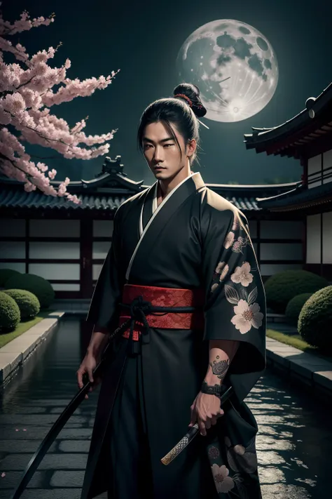 A samurai assassin standing in a moonlit garden, expertly wielding a katana with deadly precision. The assassins eyes glimmer with determination and focus, while his lips are set in a determined line. The samurais face is intricately detailed, capturing ev...