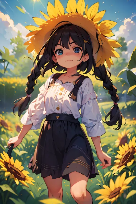 (4K quality, a masterpiece) A girl. He wears a sunflower straw hat and braids on his head. The background is a large field of sunflowers, rendered in oil painting style, with black hair in ultra high definition.