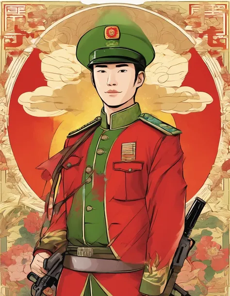 Chinese men wear green military uniforms from the Chinese liberation period，Behind the Chinese military hat is the national flag, the eyes are firm salute, salute, black hair, cartoon, simple, simple, simple