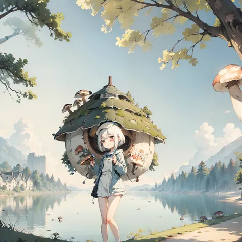 Watercolor illustration, Perfect anatomy, Masterpiece, Best quality, 1girll, Loli,elementary student， Solo, (with short white hair:1.2), Huge mushroom building city，Nature, landscape